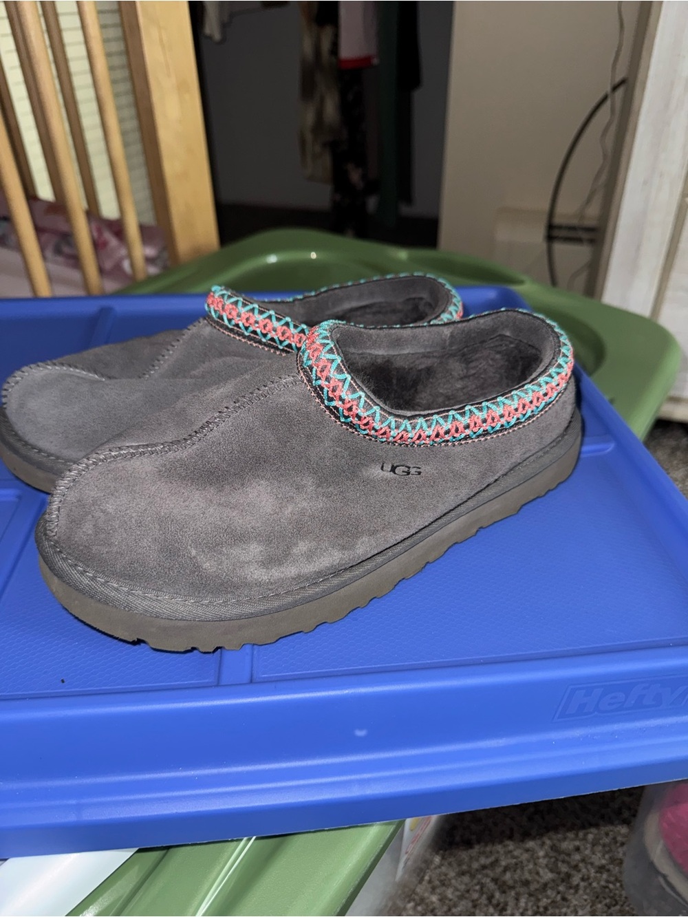 UGG Gray Suede Slip-On Clog with Teal and Coral Trim